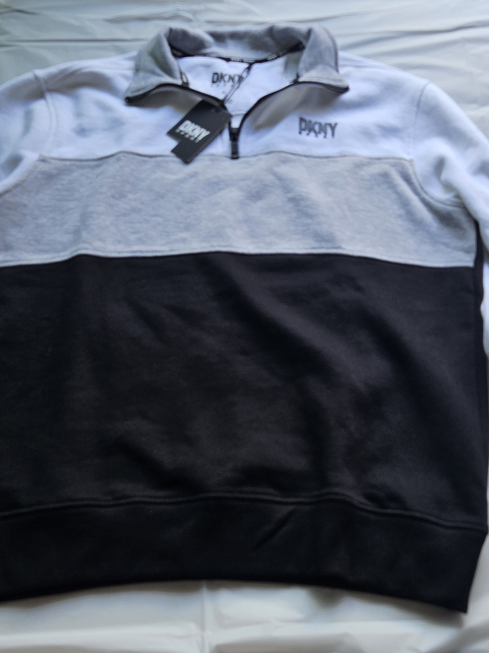 DKNY Men’s Colorblock Quarter-Zip Sweater - Black, Light Gray, White
